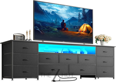 Huuger 63 Inch TV Stand for 65, 70 Inch TV, 11 Drawer Long Dresser with Power Outlets and LED Lights, Entertainment Center with Storage, Black Dresser with PU Leather Surface THE Z HUT