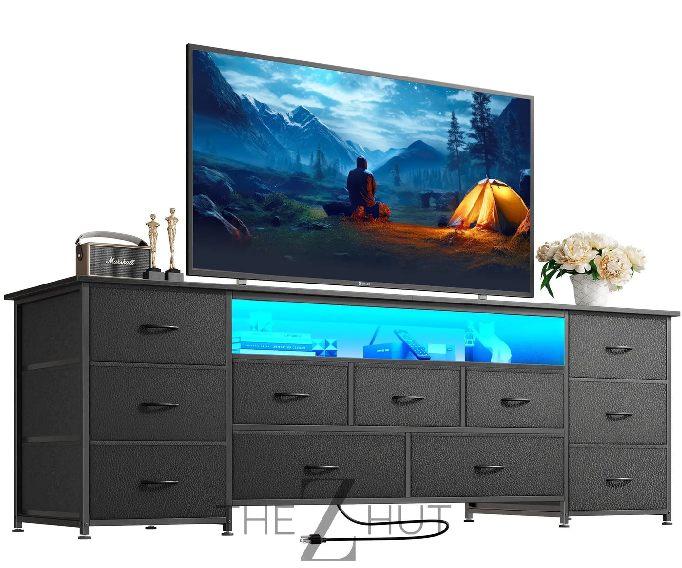 Huuger 63 Inch TV Stand for 65, 70 Inch TV, 11 Drawer Long Dresser with Power Outlets and LED Lights, Entertainment Center with Storage, Black Dresser with PU Leather Surface THE Z HUT