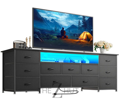 Huuger 63 Inch TV Stand for 65, 70 Inch TV, 11 Drawer Long Dresser with Power Outlets and LED Lights, Entertainment Center with Storage, Black Dresser with PU Leather Surface THE Z HUT