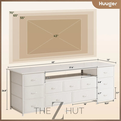 Huuger 63 Inch TV Stand for 65, 70 Inch TV, 11 Drawer Long Dresser with Power Outlets and LED Lights, Entertainment Center with Storage, Black Dresser with PU Leather Surface THE Z HUT