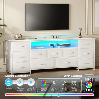 Huuger 63 Inch TV Stand for 65, 70 Inch TV, 11 Drawer Long Dresser with Power Outlets and LED Lights, Entertainment Center with Storage, Black Dresser with PU Leather Surface THE Z HUT