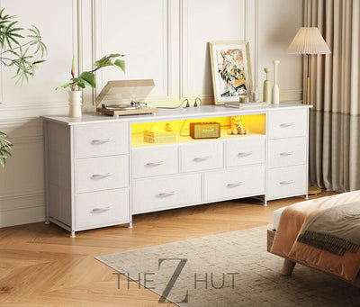 Huuger 63 Inch TV Stand for 65, 70 Inch TV, 11 Drawer Long Dresser with Power Outlets and LED Lights, Entertainment Center with Storage, Black Dresser with PU Leather Surface THE Z HUT