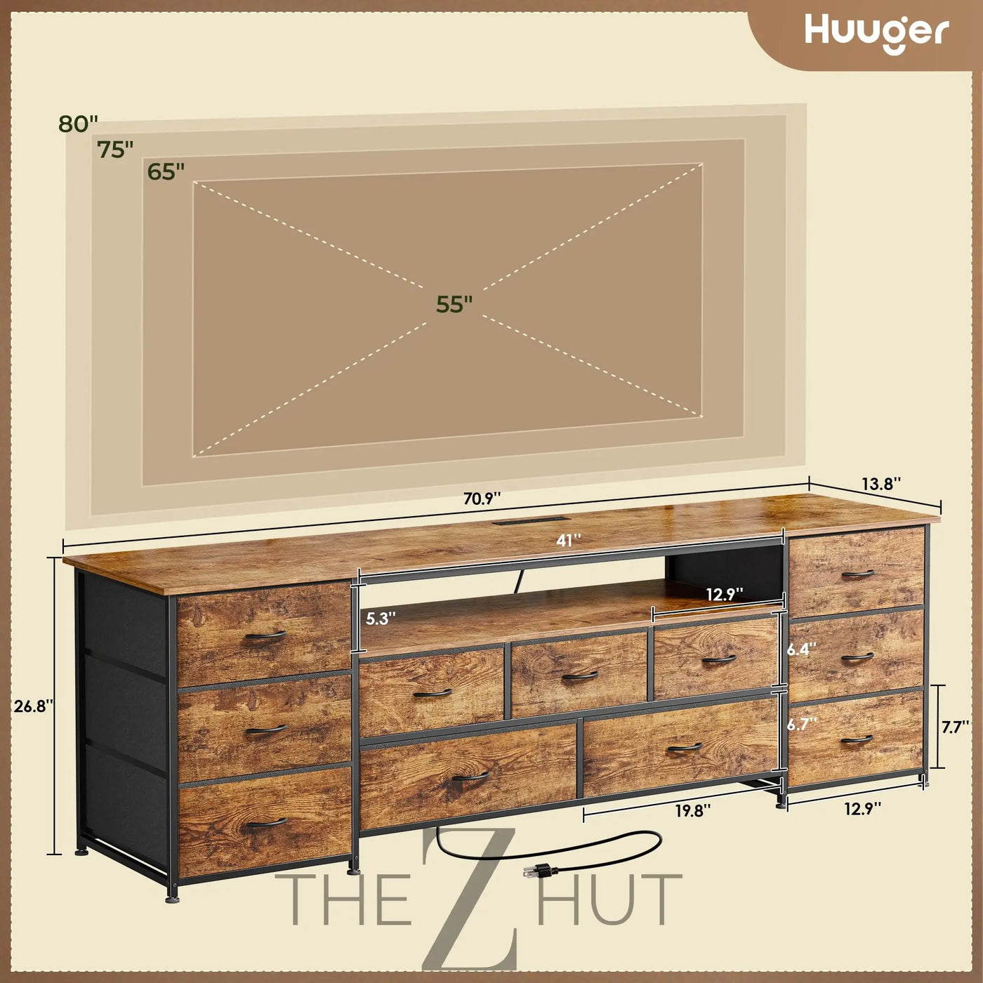 Huuger 63 Inch TV Stand for 65, 70 Inch TV, 11 Drawer Long Dresser with Power Outlets and LED Lights, Entertainment Center with Storage, Black Dresser with PU Leather Surface THE Z HUT