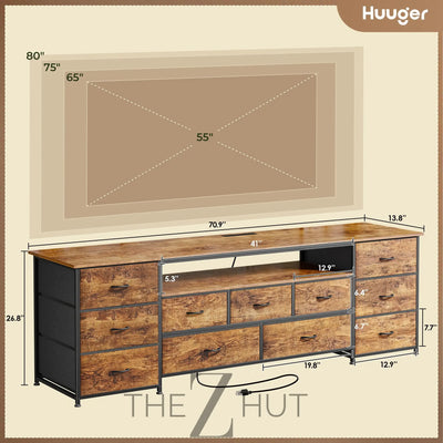 Huuger 63 Inch TV Stand for 65, 70 Inch TV, 11 Drawer Long Dresser with Power Outlets and LED Lights, Entertainment Center with Storage, Black Dresser with PU Leather Surface THE Z HUT
