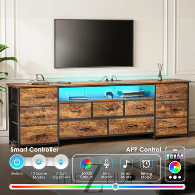 Huuger 63 Inch TV Stand for 65, 70 Inch TV, 11 Drawer Long Dresser with Power Outlets and LED Lights, Entertainment Center with Storage, Black Dresser with PU Leather Surface THE Z HUT