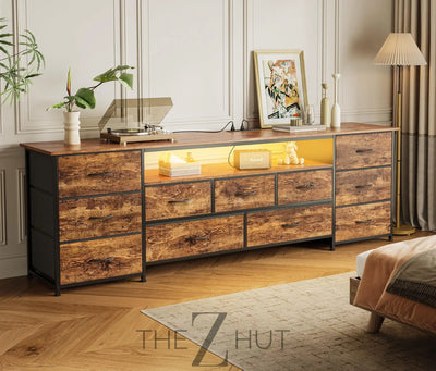 Huuger 63 Inch TV Stand for 65, 70 Inch TV, 11 Drawer Long Dresser with Power Outlets and LED Lights, Entertainment Center with Storage, Black Dresser with PU Leather Surface THE Z HUT