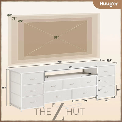 Huuger 63 Inch TV Stand for 65, 70 Inch TV, 11 Drawer Long Dresser with Power Outlets and LED Lights, Entertainment Center with Storage, Black Dresser with PU Leather Surface THE Z HUT