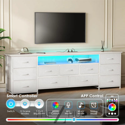 Huuger 63 Inch TV Stand for 65, 70 Inch TV, 11 Drawer Long Dresser with Power Outlets and LED Lights, Entertainment Center with Storage, Black Dresser with PU Leather Surface THE Z HUT
