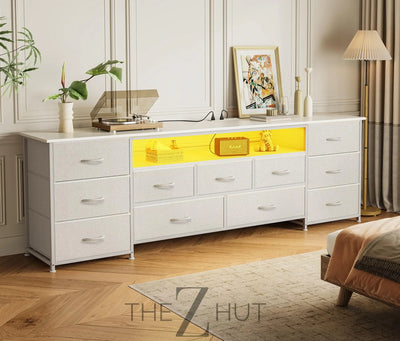 Huuger 63 Inch TV Stand for 65, 70 Inch TV, 11 Drawer Long Dresser with Power Outlets and LED Lights, Entertainment Center with Storage, Black Dresser with PU Leather Surface THE Z HUT