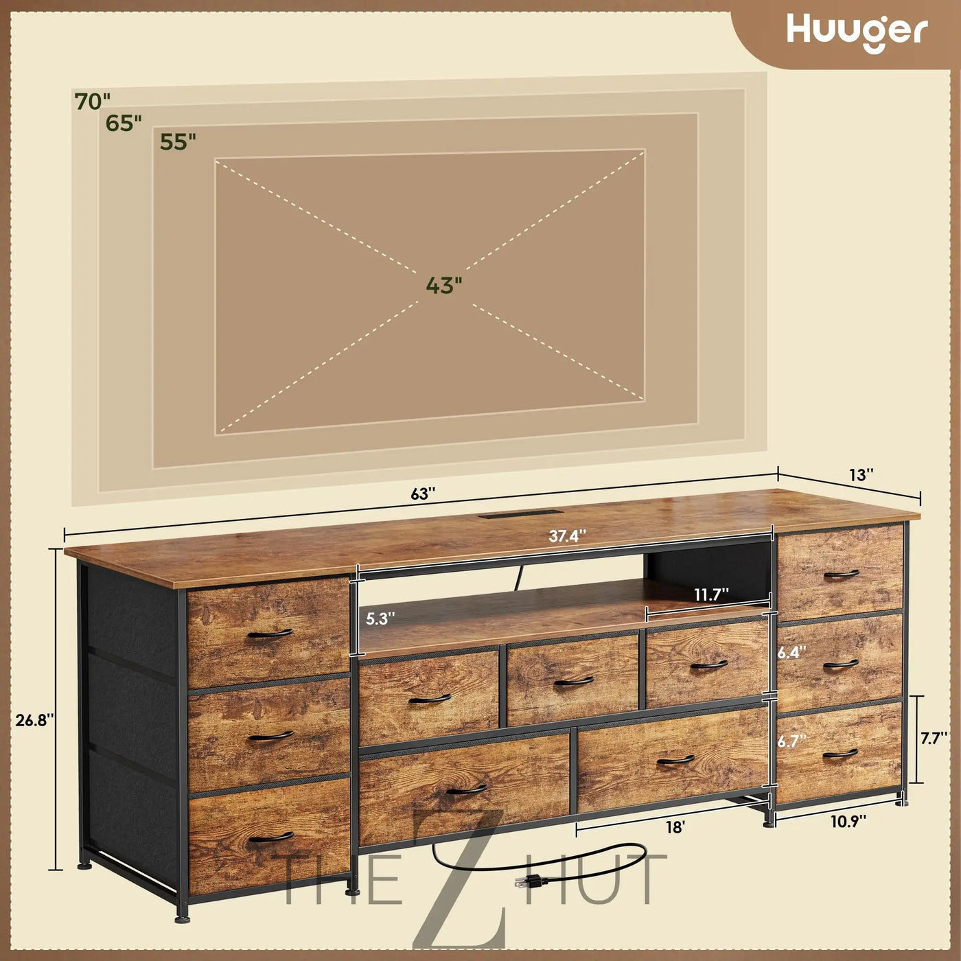 Huuger 63 Inch TV Stand for 65, 70 Inch TV, 11 Drawer Long Dresser with Power Outlets and LED Lights, Entertainment Center with Storage, Black Dresser with PU Leather Surface THE Z HUT