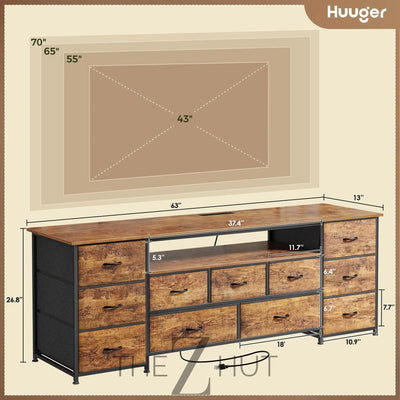 Huuger 63 Inch TV Stand for 65, 70 Inch TV, 11 Drawer Long Dresser with Power Outlets and LED Lights, Entertainment Center with Storage, Black Dresser with PU Leather Surface THE Z HUT