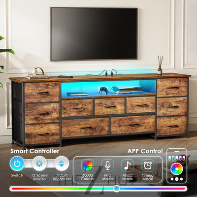 Huuger 63 Inch TV Stand for 65, 70 Inch TV, 11 Drawer Long Dresser with Power Outlets and LED Lights, Entertainment Center with Storage, Black Dresser with PU Leather Surface THE Z HUT