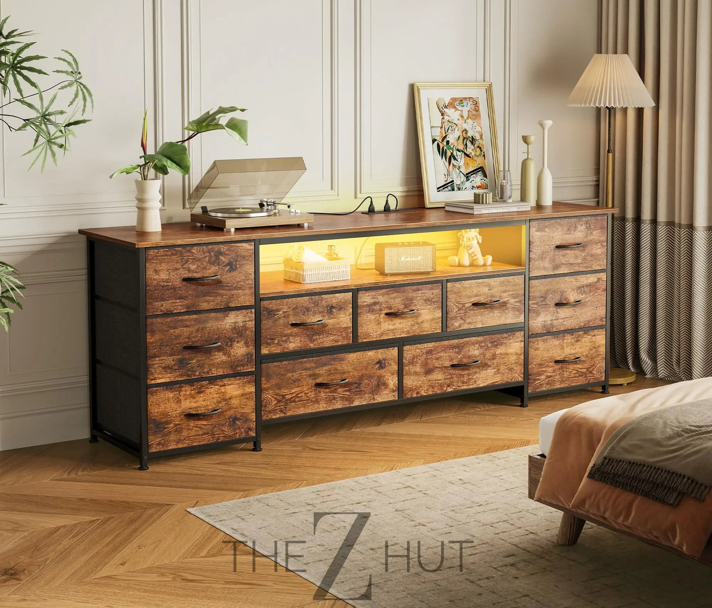 Huuger 63 Inch TV Stand for 65, 70 Inch TV, 11 Drawer Long Dresser with Power Outlets and LED Lights, Entertainment Center with Storage, Black Dresser with PU Leather Surface THE Z HUT