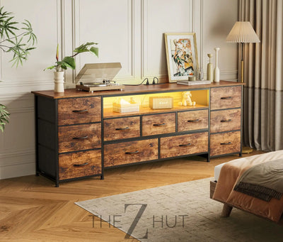 Huuger 63 Inch TV Stand for 65, 70 Inch TV, 11 Drawer Long Dresser with Power Outlets and LED Lights, Entertainment Center with Storage, Black Dresser with PU Leather Surface THE Z HUT
