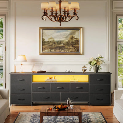 Huuger 63 Inch TV Stand for 65, 70 Inch TV, 11 Drawer Long Dresser with Power Outlets and LED Lights, Entertainment Center with Storage, Black Dresser with PU Leather Surface THE Z HUT