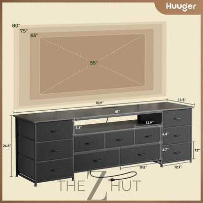 Huuger 63 Inch TV Stand for 65, 70 Inch TV, 11 Drawer Long Dresser with Power Outlets and LED Lights, Entertainment Center with Storage, Black Dresser with PU Leather Surface THE Z HUT