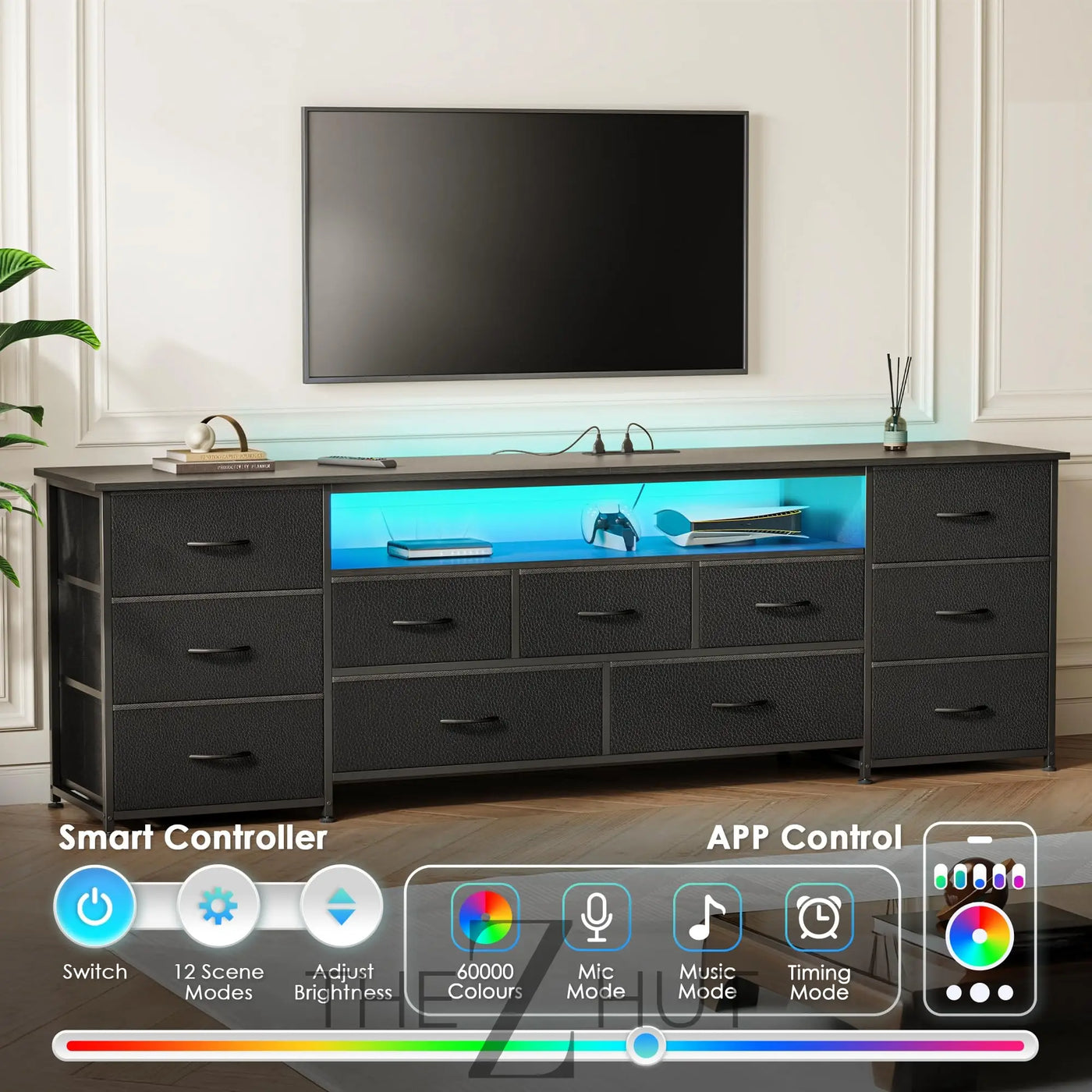 Huuger 63 Inch TV Stand for 65, 70 Inch TV, 11 Drawer Long Dresser with Power Outlets and LED Lights, Entertainment Center with Storage, Black Dresser with PU Leather Surface THE Z HUT