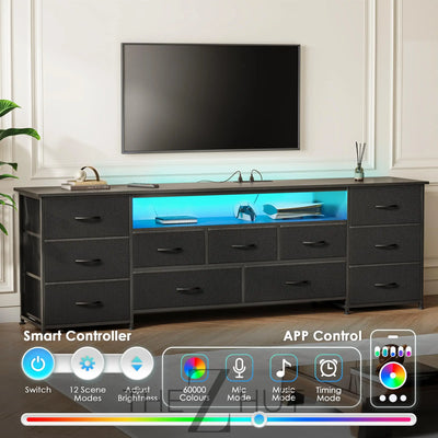 Huuger 63 Inch TV Stand for 65, 70 Inch TV, 11 Drawer Long Dresser with Power Outlets and LED Lights, Entertainment Center with Storage, Black Dresser with PU Leather Surface THE Z HUT