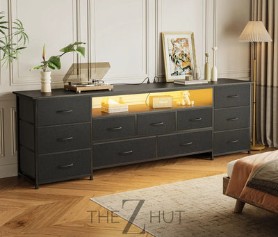 Huuger 63 Inch TV Stand for 65, 70 Inch TV, 11 Drawer Long Dresser with Power Outlets and LED Lights, Entertainment Center with Storage, Black Dresser with PU Leather Surface THE Z HUT