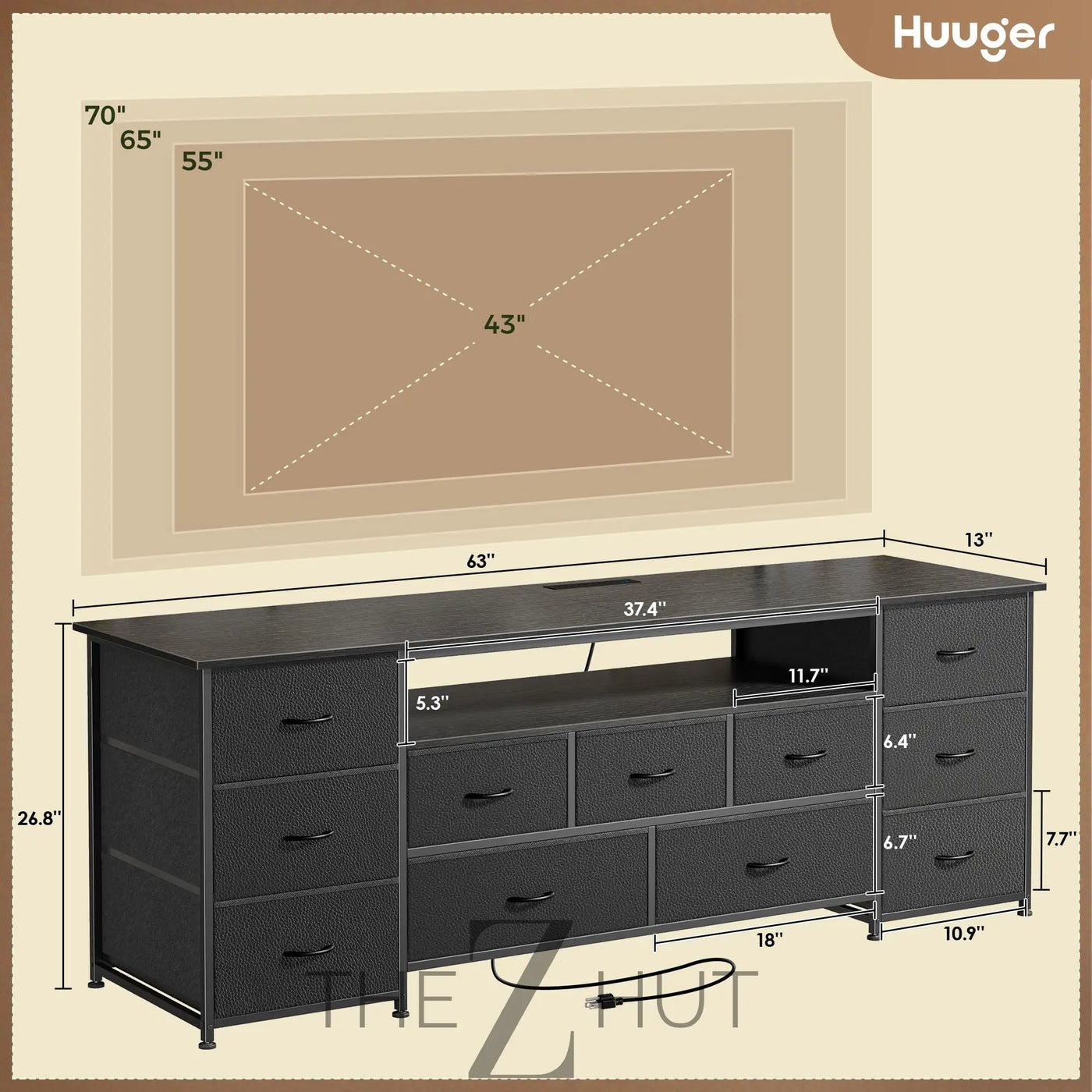 Huuger 63 Inch TV Stand for 65, 70 Inch TV, 11 Drawer Long Dresser with Power Outlets and LED Lights, Entertainment Center with Storage, Black Dresser with PU Leather Surface THE Z HUT