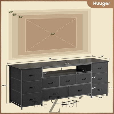 Huuger 63 Inch TV Stand for 65, 70 Inch TV, 11 Drawer Long Dresser with Power Outlets and LED Lights, Entertainment Center with Storage, Black Dresser with PU Leather Surface THE Z HUT