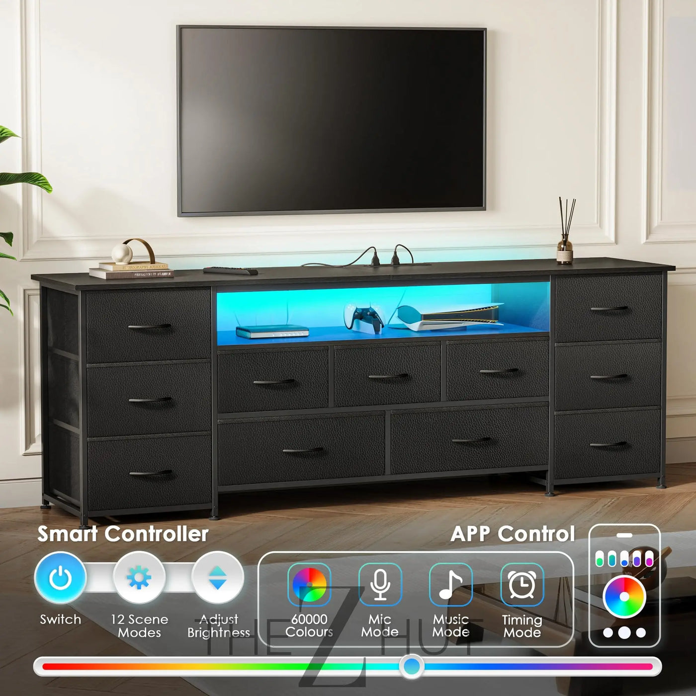 Huuger 63 Inch TV Stand for 65, 70 Inch TV, 11 Drawer Long Dresser with Power Outlets and LED Lights, Entertainment Center with Storage, Black Dresser with PU Leather Surface THE Z HUT