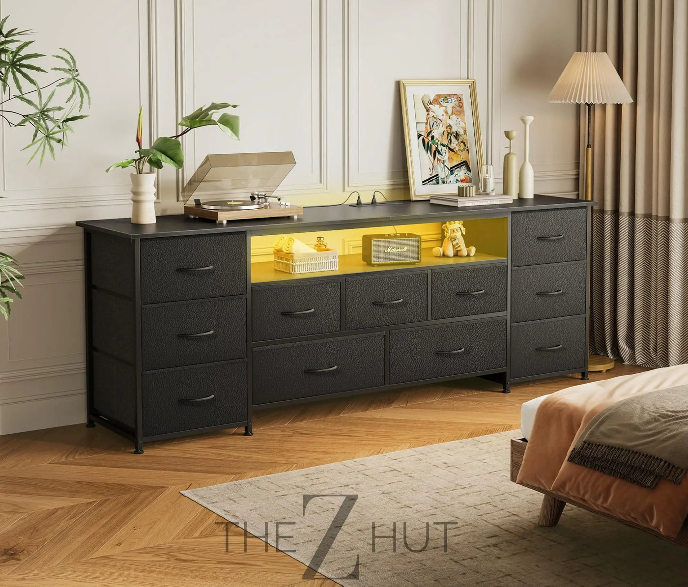 Huuger 63 Inch TV Stand for 65, 70 Inch TV, 11 Drawer Long Dresser with Power Outlets and LED Lights, Entertainment Center with Storage, Black Dresser with PU Leather Surface THE Z HUT