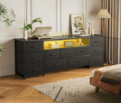 Huuger 63 Inch TV Stand for 65, 70 Inch TV, 11 Drawer Long Dresser with Power Outlets and LED Lights, Entertainment Center with Storage, Black Dresser with PU Leather Surface THE Z HUT
