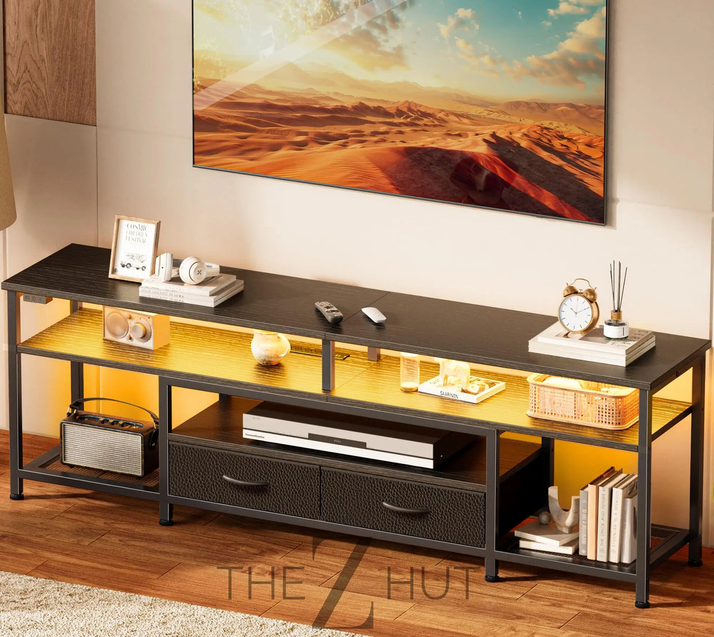 Huuger TV Stand for 65 70 Inch TV, Entertainment Center with Power Outlets and LED Lights, TV Console for Living Room, Media Console with Drawers and Shelves, Black THE Z HUT