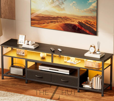 Huuger TV Stand for 65 70 Inch TV, Entertainment Center with Power Outlets and LED Lights, TV Console for Living Room, Media Console with Drawers and Shelves, Black THE Z HUT