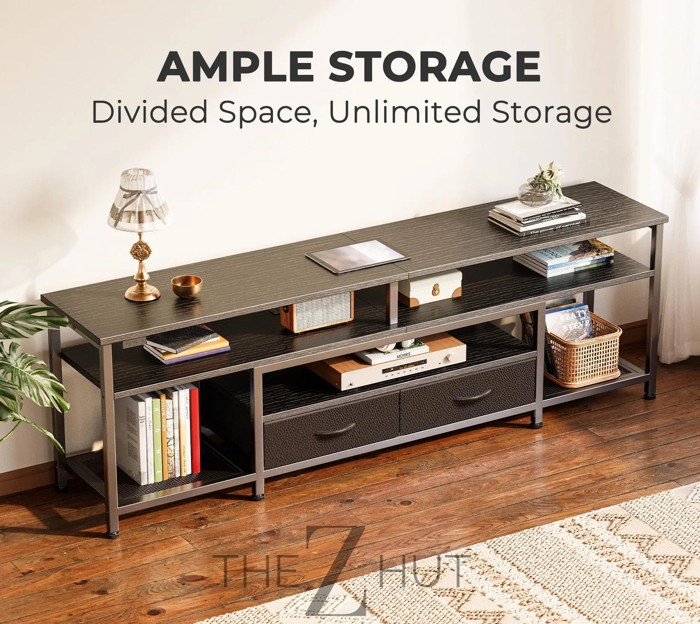 Huuger TV Stand for 65 70 Inch TV, Entertainment Center with Power Outlets and LED Lights, TV Console for Living Room, Media Console with Drawers and Shelves, Black THE Z HUT
