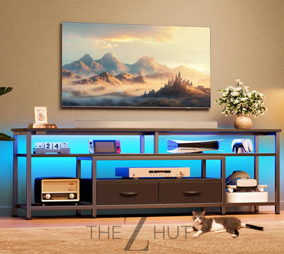 Huuger TV Stand for 65 70 Inch TV, Entertainment Center with Power Outlets and LED Lights, TV Console for Living Room, Media Console with Drawers and Shelves, Black THE Z HUT