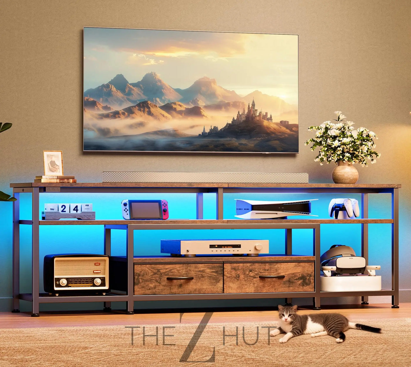 Huuger TV Stand for 65 70 Inch TV, Entertainment Center with Power Outlets and LED Lights, TV Console for Living Room, Media Console with Drawers and Shelves, Black THE Z HUT