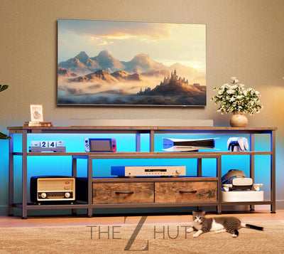 Huuger TV Stand for 65 70 Inch TV, Entertainment Center with Power Outlets and LED Lights, TV Console for Living Room, Media Console with Drawers and Shelves, Black THE Z HUT