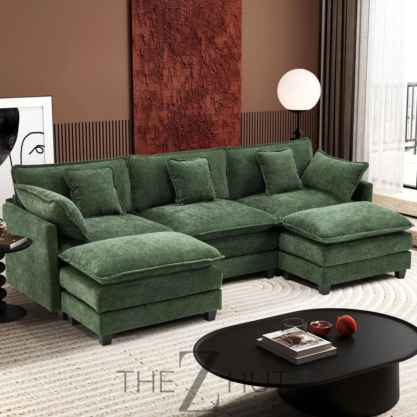 Ihanherry 146" U-Shaped Modern Sofa Modular Sectional Cloud Couch with 2 Ottoman, 6-Seat Chenille Deep Seat Sofa with 6 Pillows for Living Room, Bedroom and Apartment, Grey THE Z HUT
