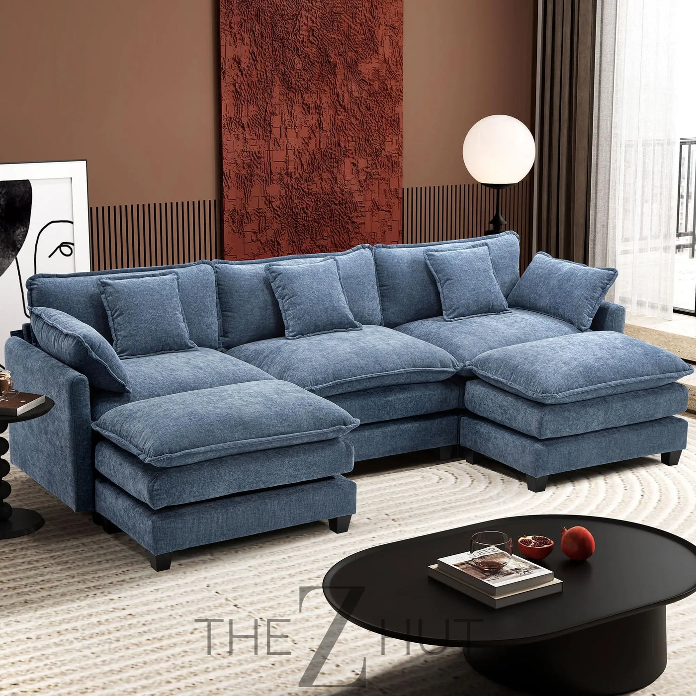 Ihanherry 146" U-Shaped Modern Sofa Modular Sectional Cloud Couch with 2 Ottoman, 6-Seat Chenille Deep Seat Sofa with 6 Pillows for Living Room, Bedroom and Apartment, Grey THE Z HUT