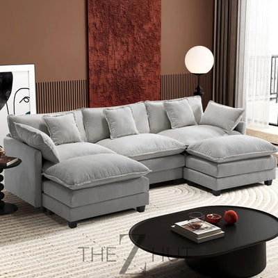 Ihanherry 146" U-Shaped Modern Sofa Modular Sectional Cloud Couch with 2 Ottoman, 6-Seat Chenille Deep Seat Sofa with 6 Pillows for Living Room, Bedroom and Apartment, Grey THE Z HUT