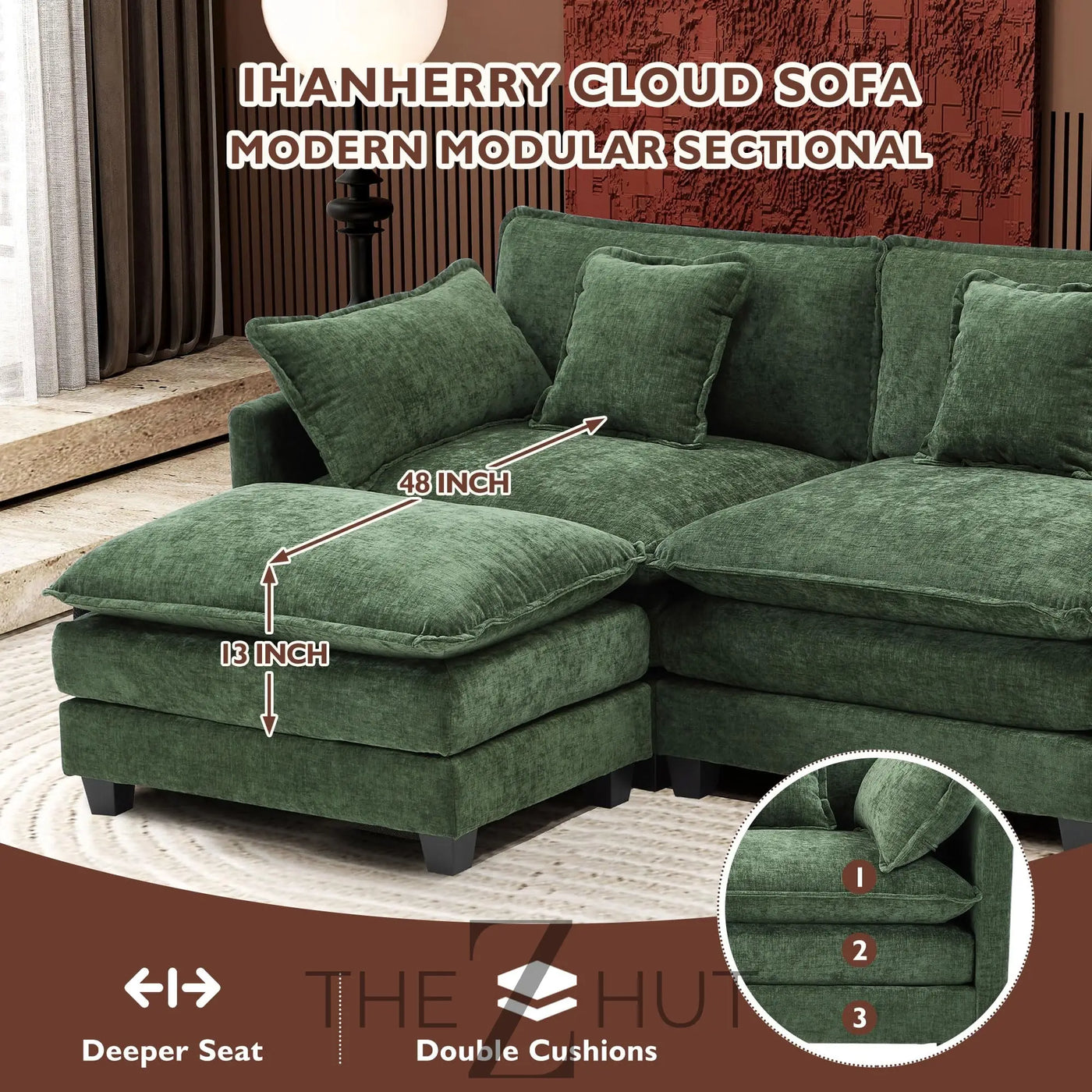 Ihanherry 146" U-Shaped Modern Sofa Modular Sectional Cloud Couch with 2 Ottoman, 6-Seat Chenille Deep Seat Sofa with 6 Pillows for Living Room, Bedroom and Apartment, Grey THE Z HUT