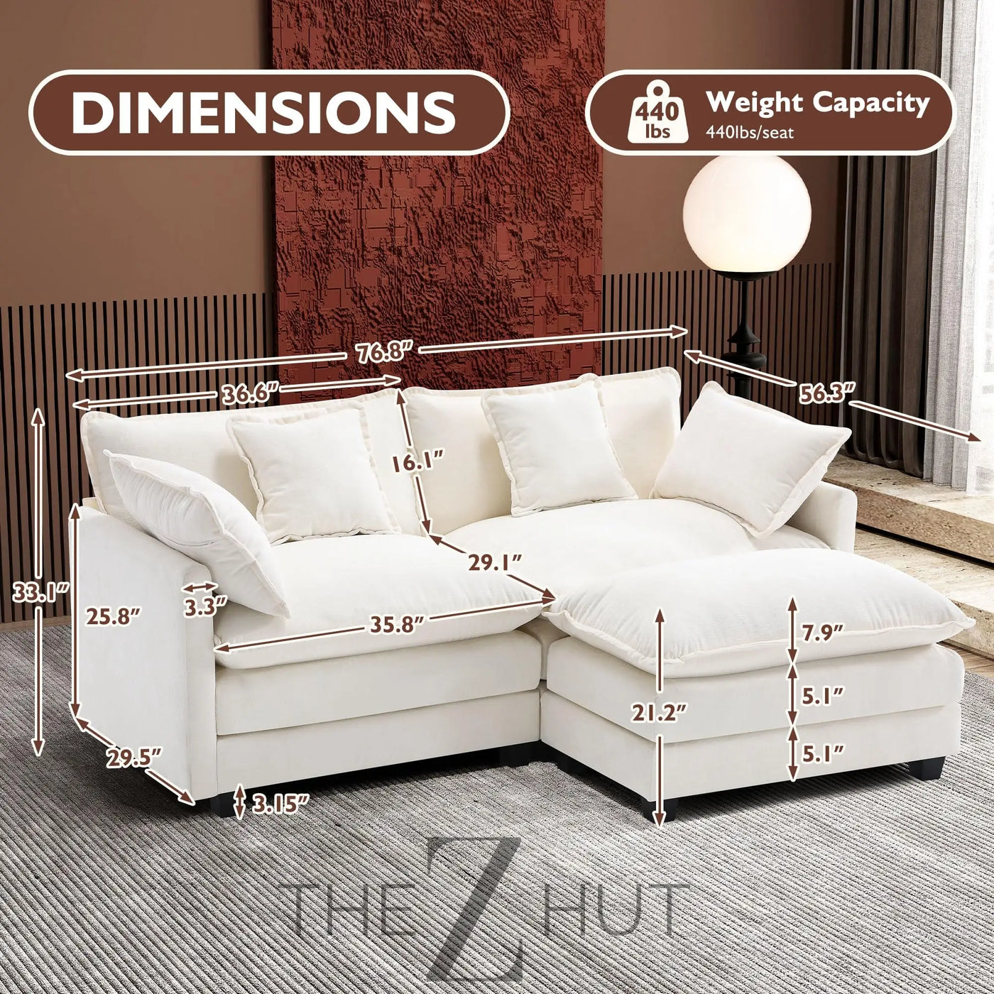 Ihanherry 146" U-Shaped Modern Sofa Modular Sectional Cloud Couch with 2 Ottoman, 6-Seat Chenille Deep Seat Sofa with 6 Pillows for Living Room, Bedroom and Apartment, Grey THE Z HUT