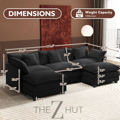 Ihanherry 146" U-Shaped Modern Sofa Modular Sectional Cloud Couch with 2 Ottoman, 6-Seat Chenille Deep Seat Sofa with 6 Pillows for Living Room, Bedroom and Apartment, Grey THE Z HUT