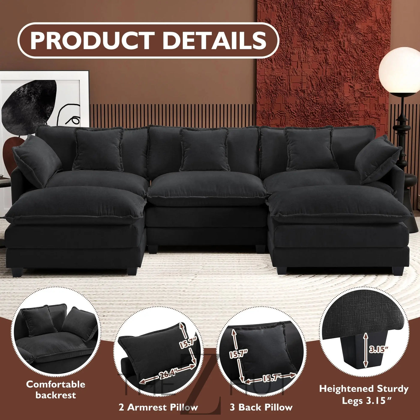 Ihanherry 146" U-Shaped Modern Sofa Modular Sectional Cloud Couch with 2 Ottoman, 6-Seat Chenille Deep Seat Sofa with 6 Pillows for Living Room, Bedroom and Apartment, Grey THE Z HUT