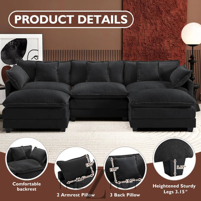 Ihanherry 146" U-Shaped Modern Sofa Modular Sectional Cloud Couch with 2 Ottoman, 6-Seat Chenille Deep Seat Sofa with 6 Pillows for Living Room, Bedroom and Apartment, Grey THE Z HUT