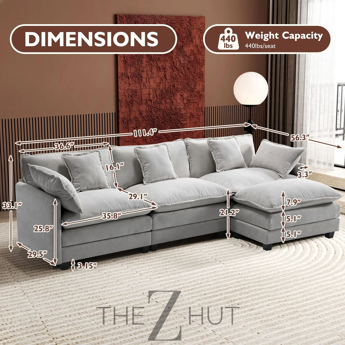 Ihanherry 146" U-Shaped Modern Sofa Modular Sectional Cloud Couch with 2 Ottoman, 6-Seat Chenille Deep Seat Sofa with 6 Pillows for Living Room, Bedroom and Apartment, Grey THE Z HUT