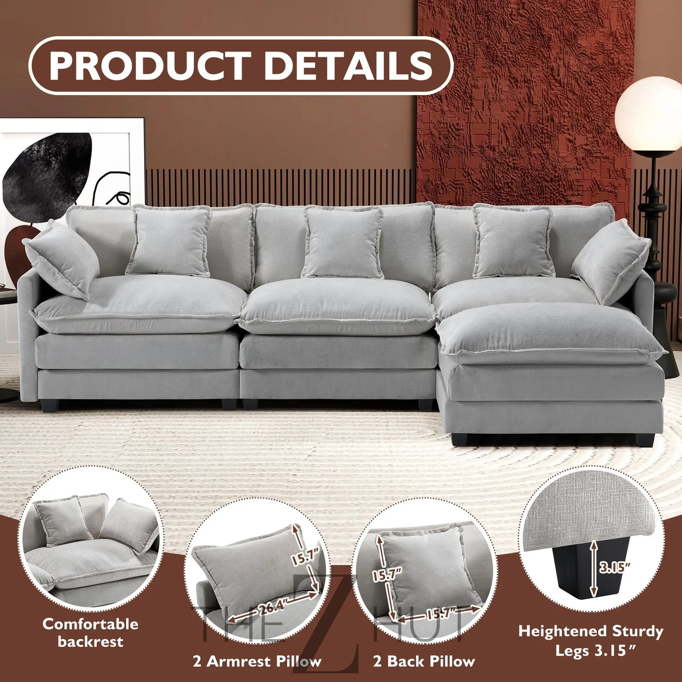 Ihanherry 146" U-Shaped Modern Sofa Modular Sectional Cloud Couch with 2 Ottoman, 6-Seat Chenille Deep Seat Sofa with 6 Pillows for Living Room, Bedroom and Apartment, Grey THE Z HUT