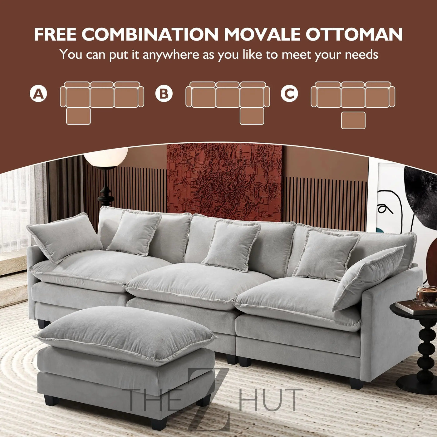 Ihanherry 146" U-Shaped Modern Sofa Modular Sectional Cloud Couch with 2 Ottoman, 6-Seat Chenille Deep Seat Sofa with 6 Pillows for Living Room, Bedroom and Apartment, Grey THE Z HUT