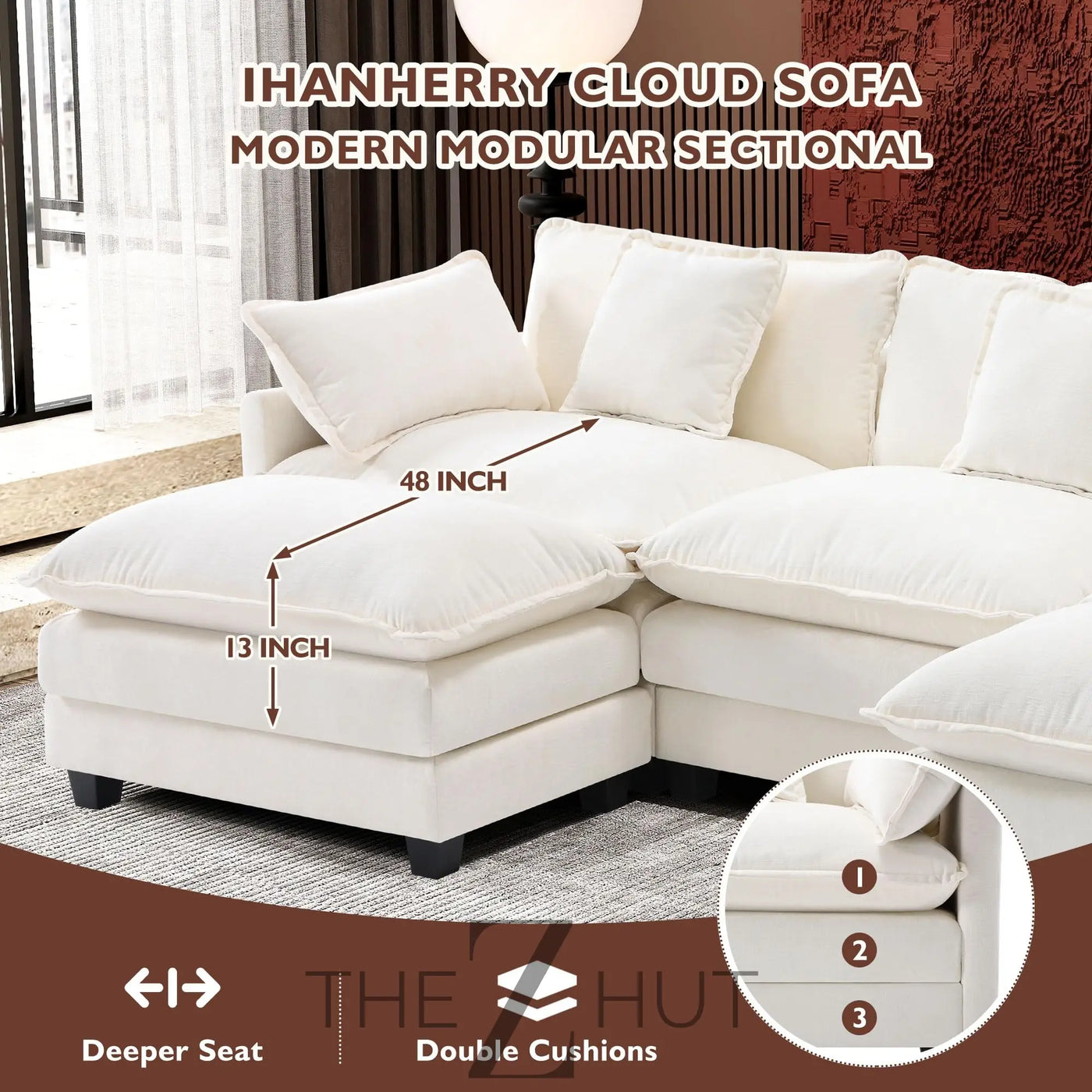 Ihanherry 146" U-Shaped Modern Sofa Modular Sectional Cloud Couch with 2 Ottoman, 6-Seat Chenille Deep Seat Sofa with 6 Pillows for Living Room, Bedroom and Apartment, Grey THE Z HUT