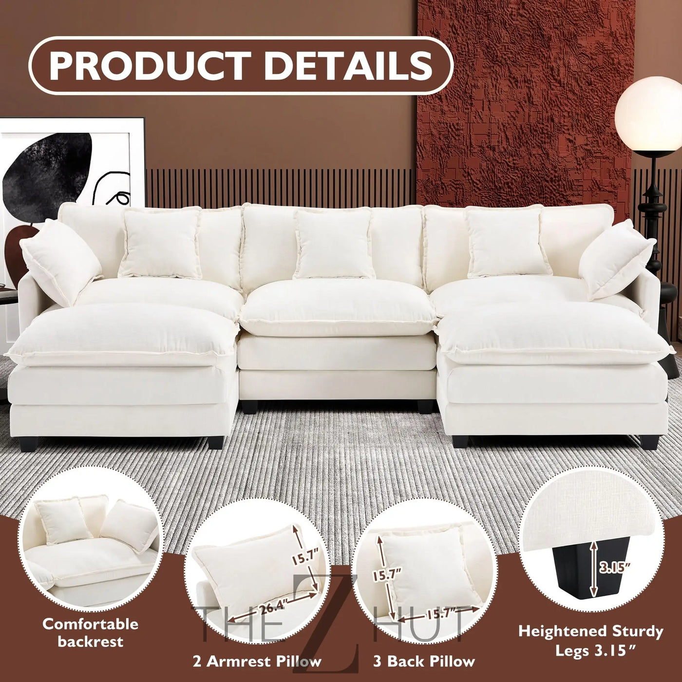 Ihanherry 146" U-Shaped Modern Sofa Modular Sectional Cloud Couch with 2 Ottoman, 6-Seat Chenille Deep Seat Sofa with 6 Pillows for Living Room, Bedroom and Apartment, Grey THE Z HUT