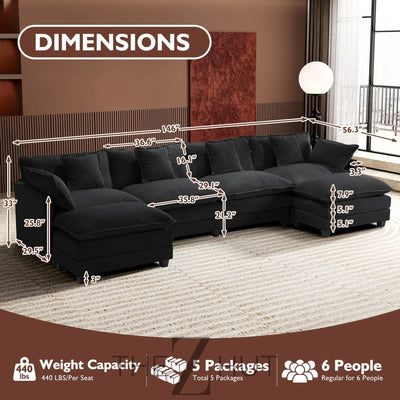 Ihanherry 146" U-Shaped Modern Sofa Modular Sectional Cloud Couch with 2 Ottoman, 6-Seat Chenille Deep Seat Sofa with 6 Pillows for Living Room, Bedroom and Apartment, Grey THE Z HUT