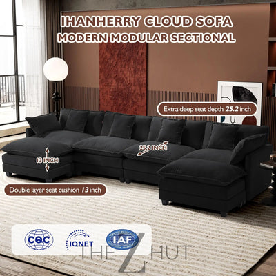 Ihanherry 146" U-Shaped Modern Sofa Modular Sectional Cloud Couch with 2 Ottoman, 6-Seat Chenille Deep Seat Sofa with 6 Pillows for Living Room, Bedroom and Apartment, Grey THE Z HUT
