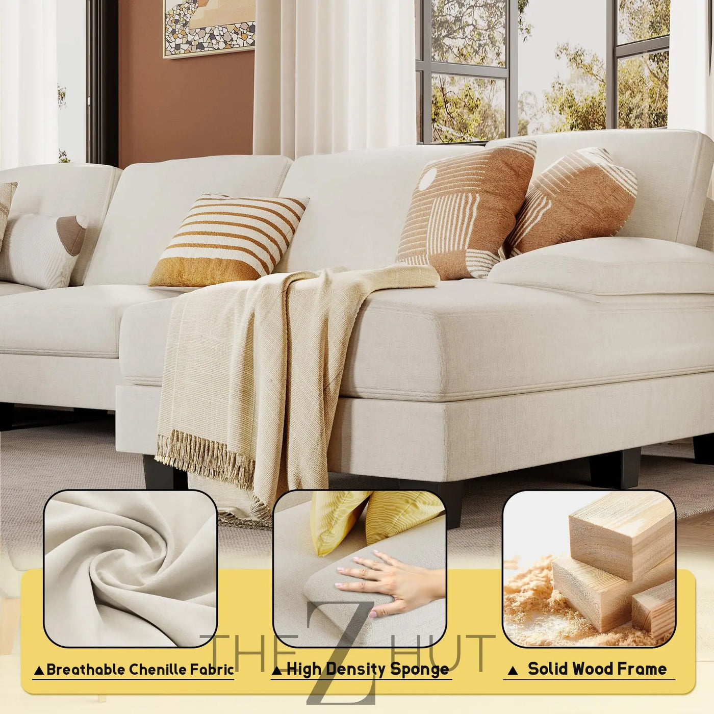 JUMMICO Sectional Couches for Living Room, U Shaped Couch with Chenille Fabric, 4 Seat Modern Sofa with Removable Pillows for Apartment and Small Space (Fabric, Grey) THE Z HUT